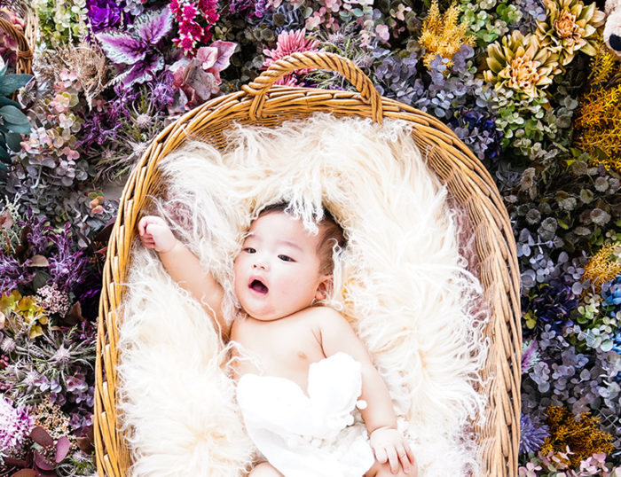 7nanastudio 6ヶ月のハーフバースデー 京都 フォトスタジオ お花と自然光がたくさん降り注ぐ 空間が素敵なフォトスタジオ